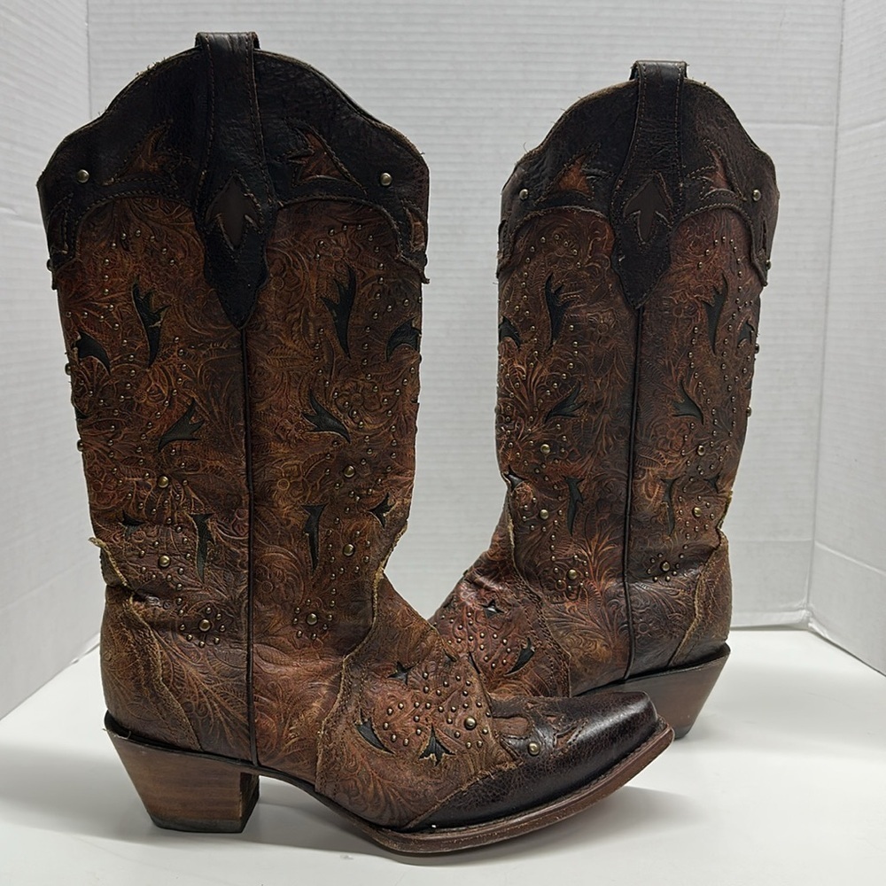 Corral Studded Embossed Cowgirl Western Leather Riding Boots Snip Toe Brown 9.5